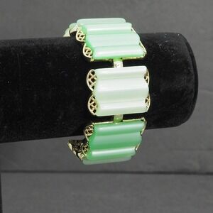 Coro Bracelet Gold Tone Green Thermoset Panel Filigree Link Bold Statement Wide